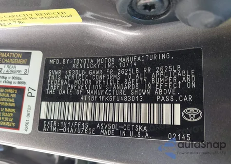 2015 Toyota Camry Se из США, поврежденный, VIN 4T1BF1FK6FU483013